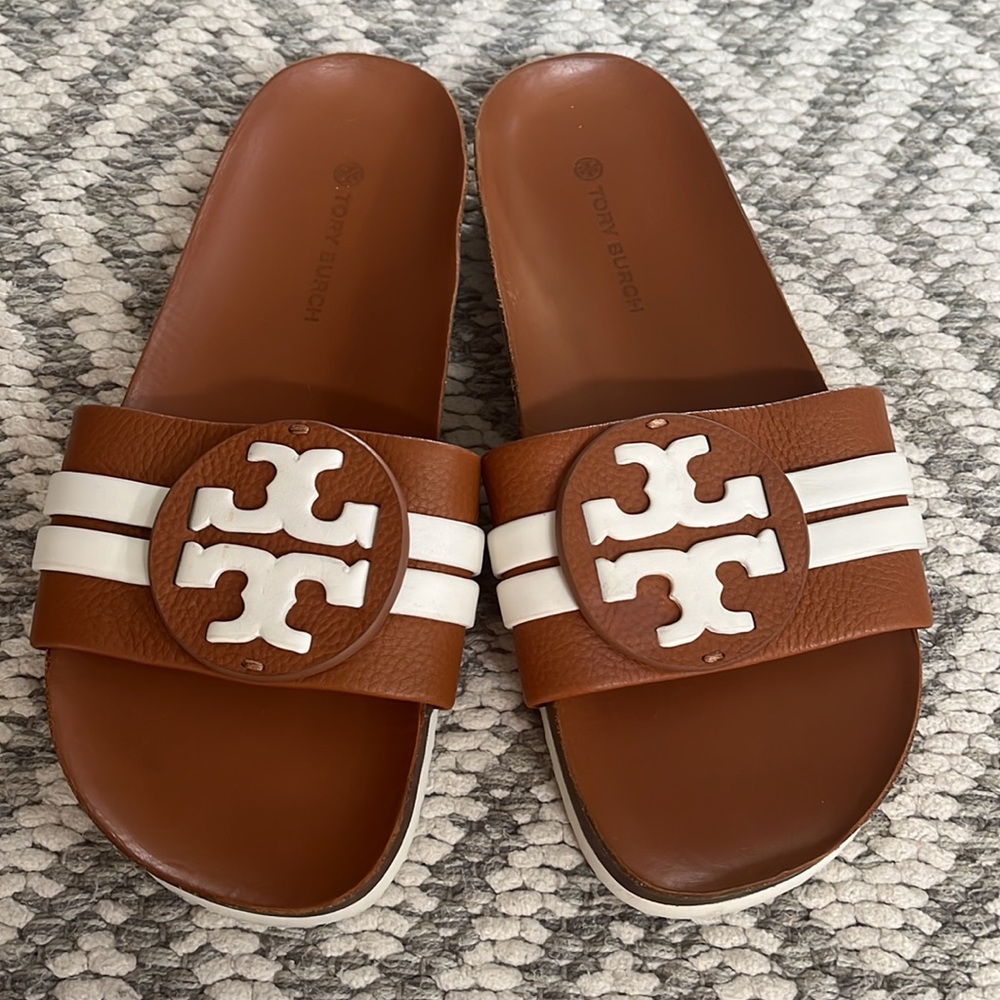 Tory Burch Brown and White Logo Leather Slide Sandals - Picture 2 of 3
